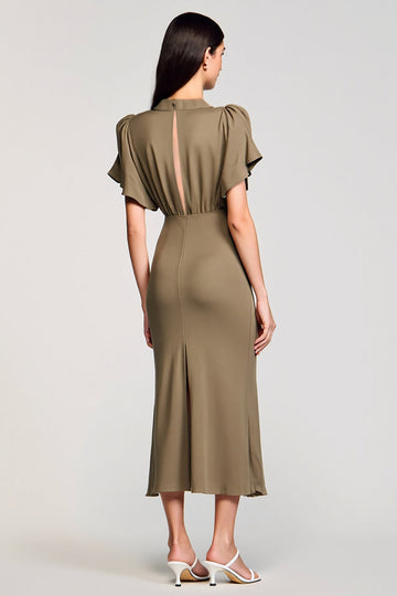 Olive Sheath Satin V Neck Long Wedding Guest Dress with Slit